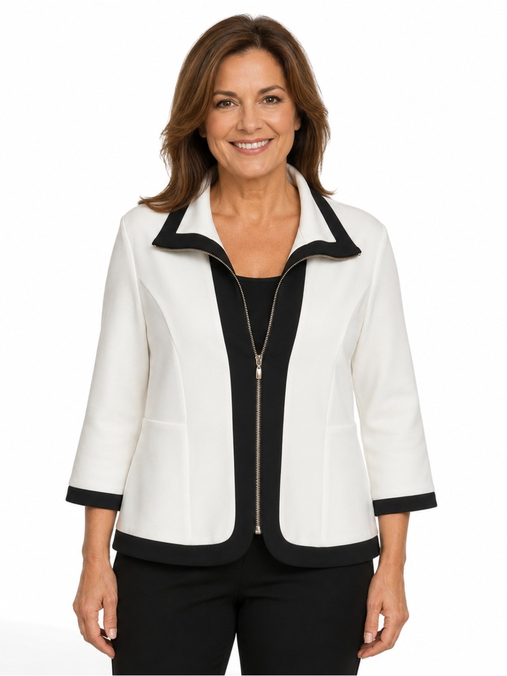 Chico’s Collection Black White Zip Front Jacket Size 2 Large